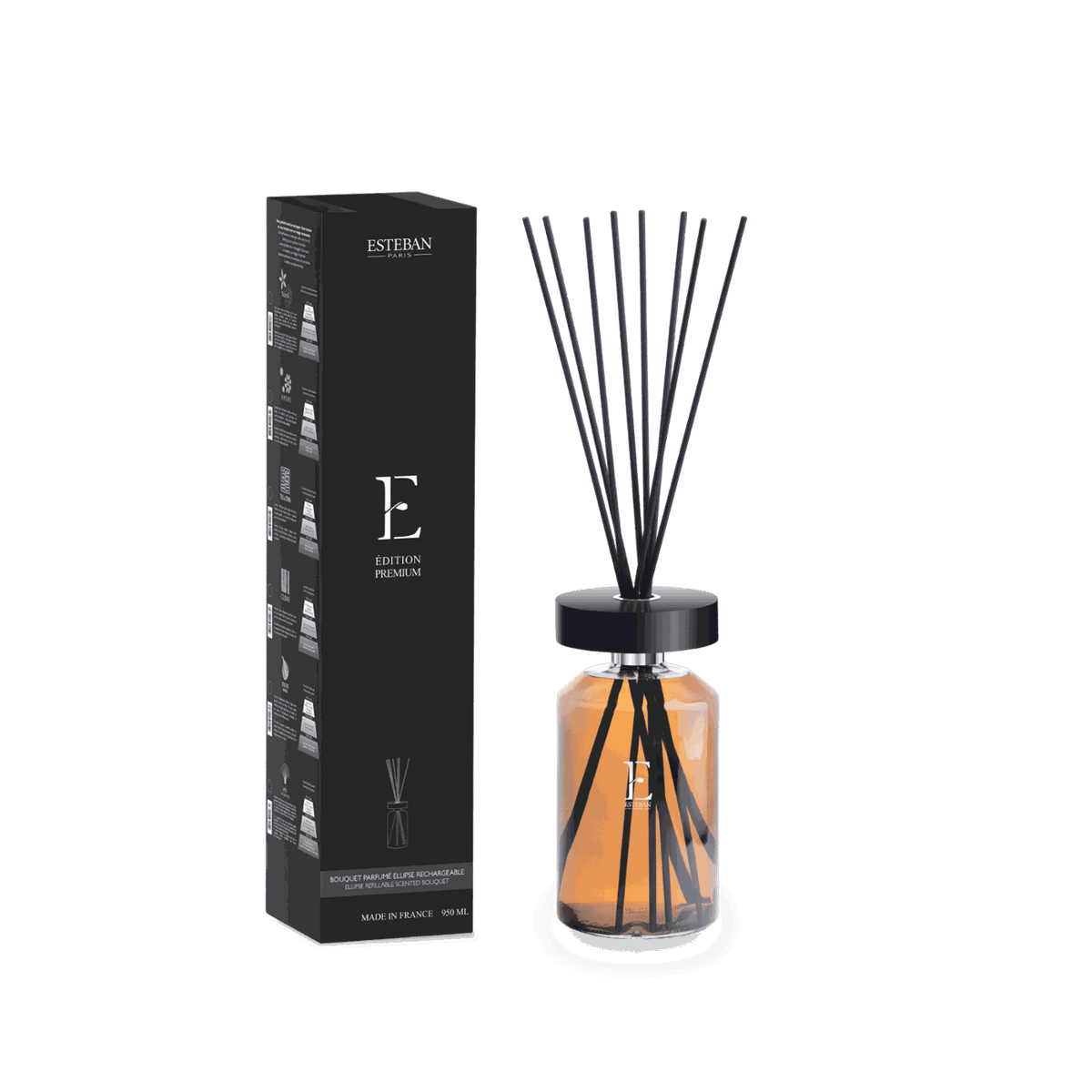 Bouquet parfumé rechargeable Esteban Paris Édition Premium 990 ml, diffuseur de parfum d’intérieur en flacon de verre ambré avec capot noir brillant et tiges parfumées noires