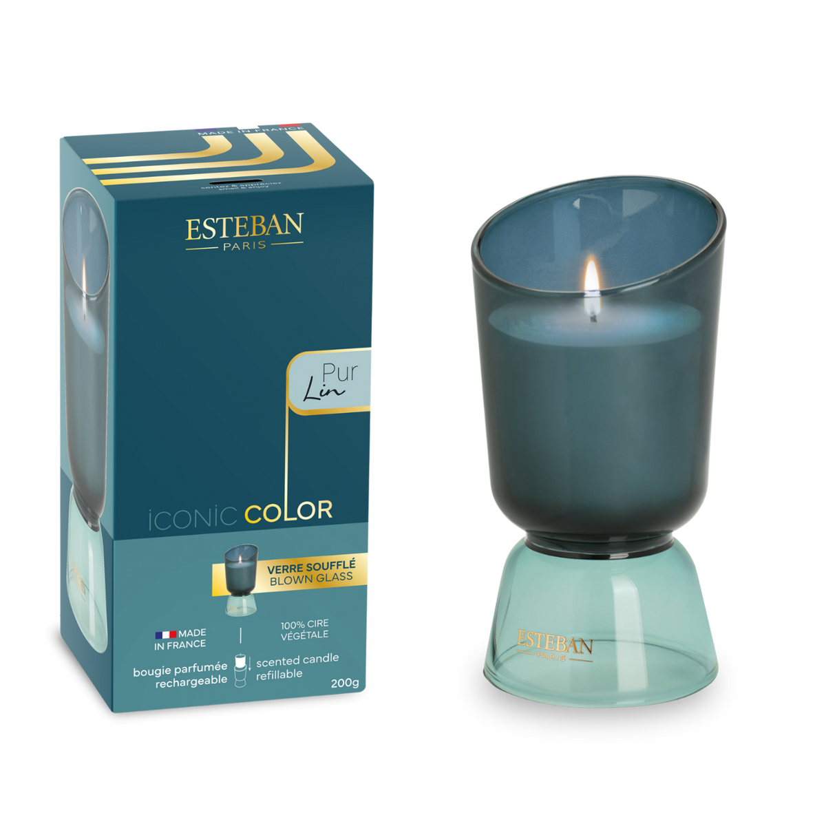 Bougie parfumée rechargeable Esteban Paris Iconic Color Pur Lin 200 g, bougie en verre soufflé teinté bleu pétrole avec base en verre vert d’eau, cire végétale rechargeable
